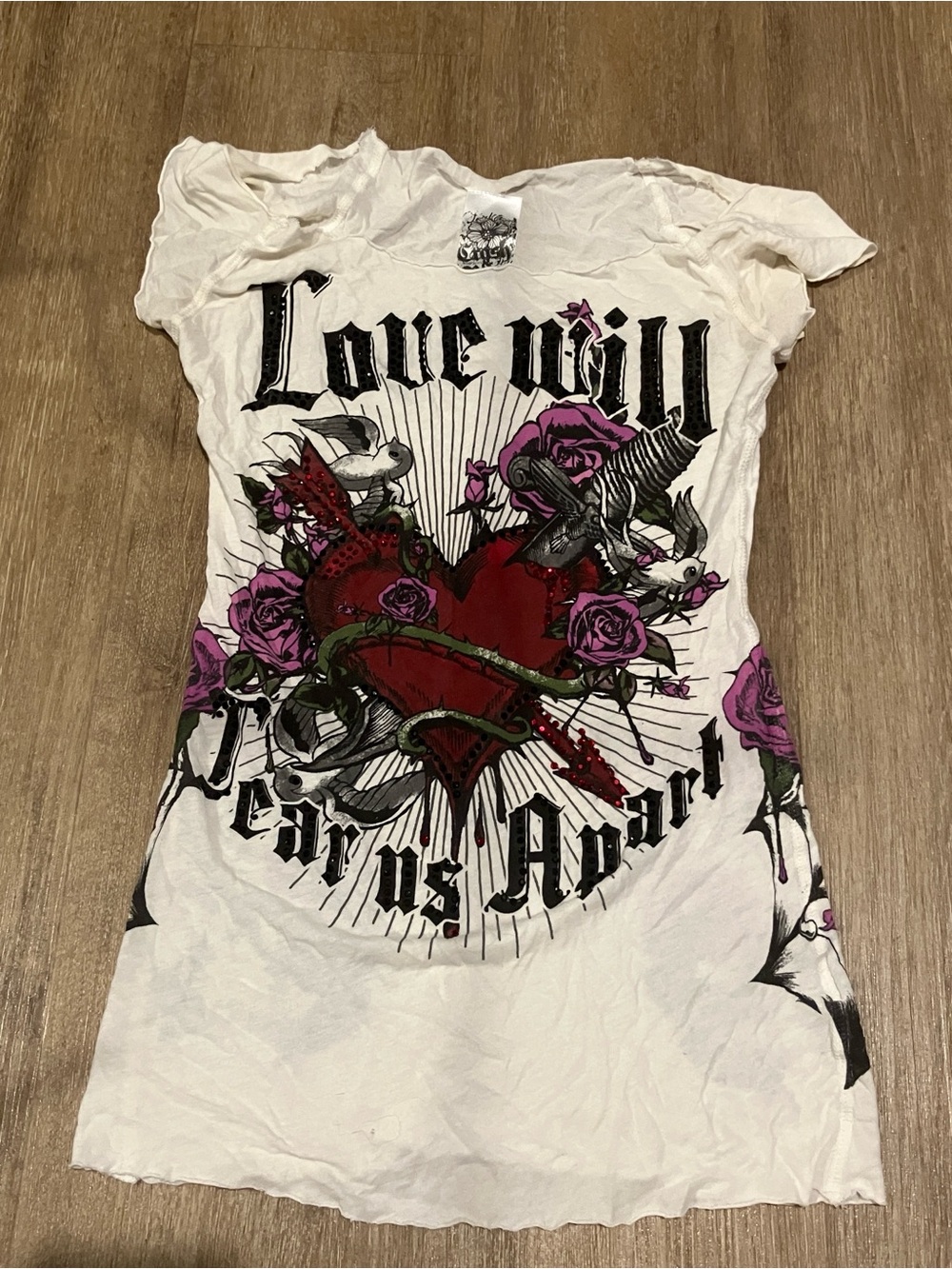 Crash & Burn Love will tear us apart Heart spiderweb rose gemstone Tee XS